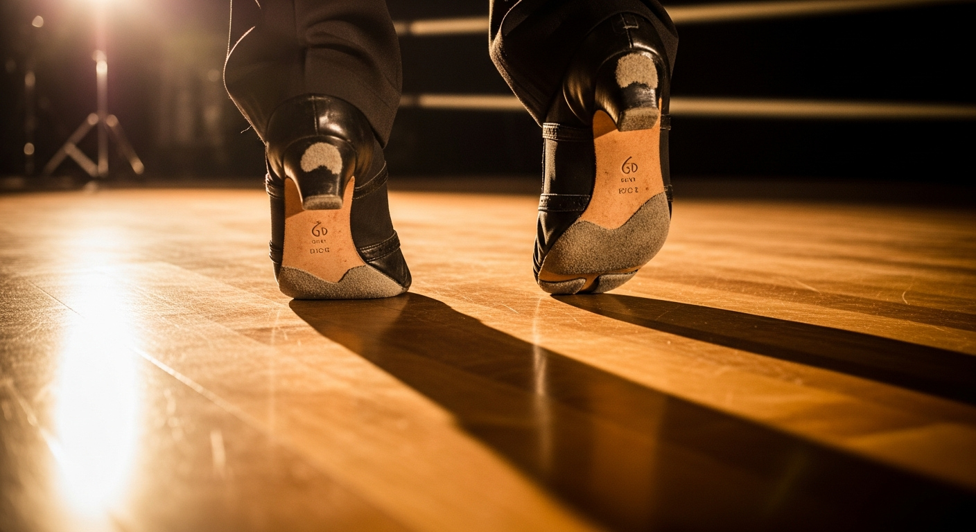 Salsa dancer's feet on a wooden dance floor — timing and musicality in Latin dance
